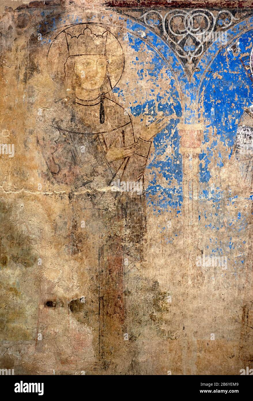 Fresco of the Georgian Queen Tamara, daughter of King Georg III, Northwand of Saint Nicholas church, Kintsvisi Monastery, Shida Kartli region, Georgia Stock Photo