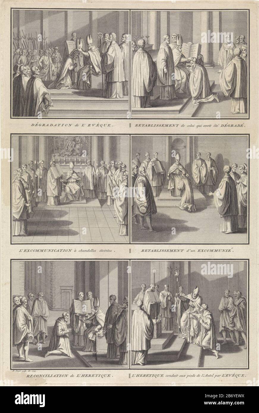 Leaf with six performances of punishment, excommunication, and recovery in the Roman Catholic church. Top left: A bishop is profaned by taking him off the miter. Top right: Recovery for someone who has been defiled. Left center: An excommunication is pronounced, Where: be blown after the candles. Middle right: Recovery for exile or ge-excommunicated. Bottom left: Restoring a heretic. Bottom right: A heretic by the bishop to the altar geleid. Manufacturer : printmaker: Bernard Picart (studio) supervision: Bernard Picart (listed property) Place manufacture: Amsterdam Date: 1723 Physical features Stock Photo