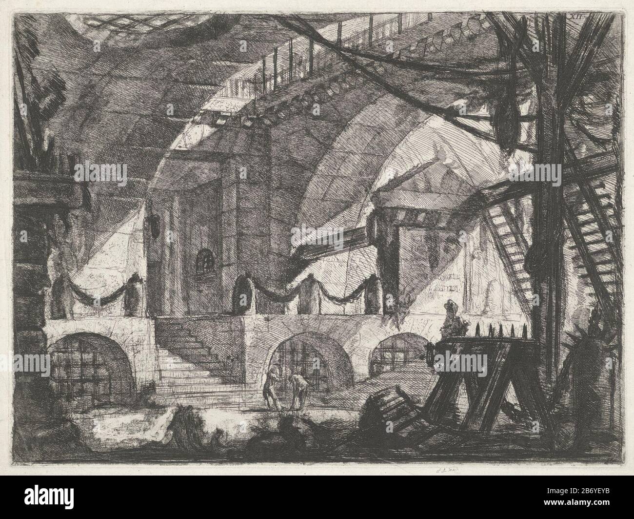 Kerker met zaagbok Kerkers (serietitel) Carceri d'invenzione (serietitel) Face in a monumental building ( possibly a dungeon) with a sawing trestle in the foreground on the right. Numbered right: XII. Manufacturer : print maker: Giovanni Battista Piranesi (indicated on object), at its design: Giovanni Battista Piranesiuitgever: Giovanni Battista PiranesiPlaats manufacture: Rome Date: 1761 Physical characteristics: etching and engra material: paper Technique: etching / engra (printing process) Measurements : plate edge: h 415 mm × W 561 mmToelichtingDeze picture is part of the second edition of Stock Photo