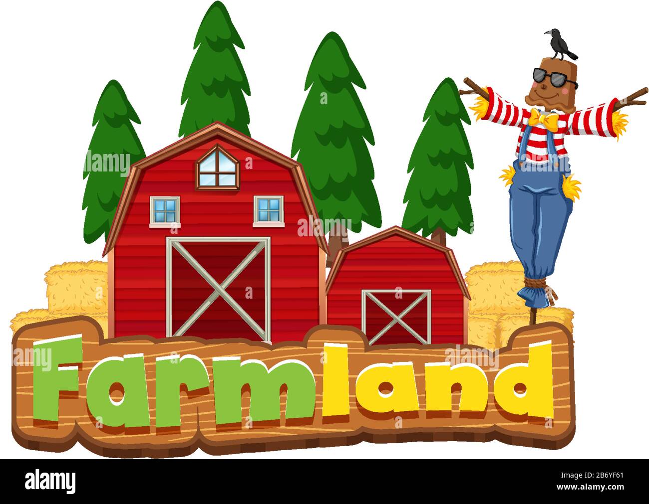 Word design for farmland with barns and scarecrow illustration Stock