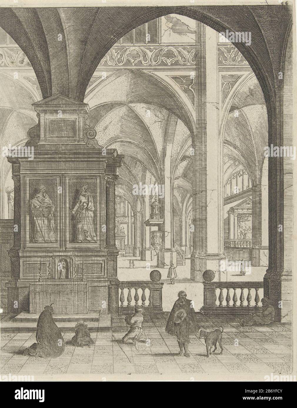 Kerkinterieur Figures in a Gothic church interior. Upper right labeled: 54. Manufacturer : printmaker: Gerard Houckgeest to design: Bartholomew Bass Place manufacture: Northern Netherlands Date: 1610 - 1661 Physical features: etching and engra material: paper Technique: etching / engra (printing process) Dimensions: plate edge: H 251 mm (at right cut) b × 199 mmToelichtingPrent used: Symon Bosboom, Cort onderwys Vande VYF colomen. Amsterdam: Justus Danckertsz, 1686. Subject: interior of church and Stock Photo