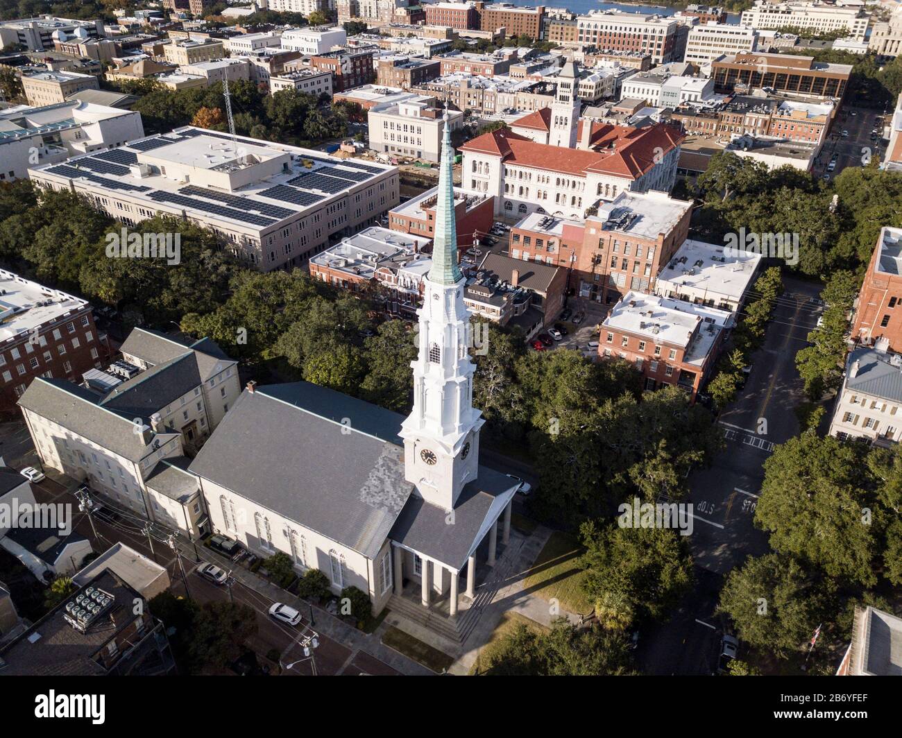 Aerial view of historic downtown Savannah, with church in
