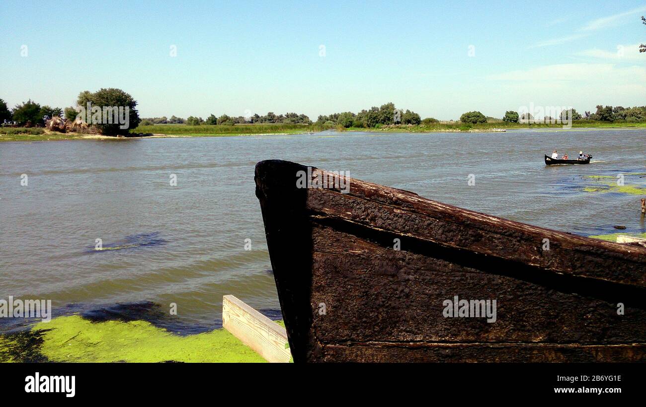 Danube Delta boat waiting for fishermen Stock Photo