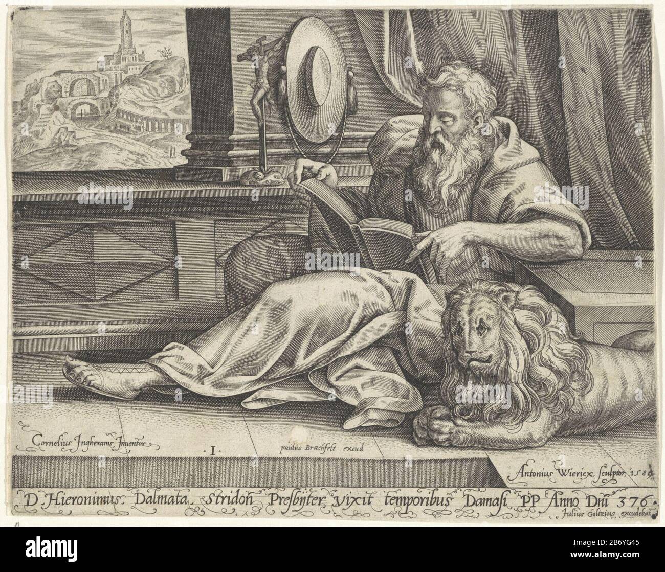 Kerkvader Hieronymus De vier kerkvaders (serietitel) Saint Jerome reading a book. In addition it is the lion. On the wall hangs his cardinal's hat on the windowsill is a crucifix. The window looks out onto a walled city on a hill. In the margin a caption in the Latijn. Manufacturer : printmaker Antonie Who: rix (II) (listed building), designed by Cornelis Ingelrams (listed building) publisher, Paul Brach Felt (listed building) editor: Julius Goltzius ( listed on object) Place manufacture: Antwerp Date: 1589 Physical features: car material: paper Technique: engra (printing process) Dimensions: Stock Photo