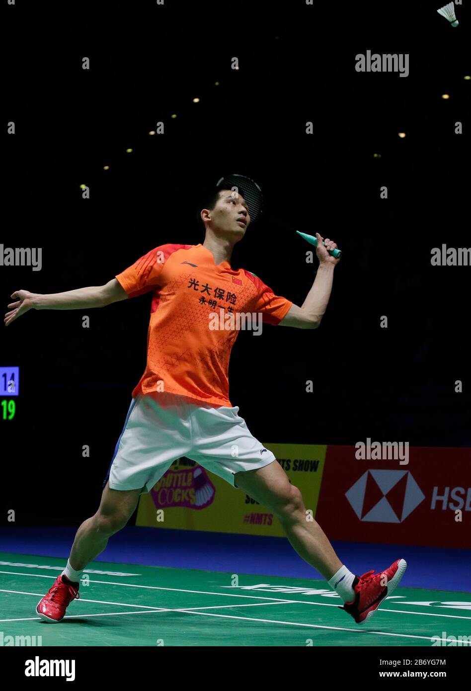(200312) -- BIRMINGHAM, March 12, 2020 (Xinhua) -- China's Zhao Junpeng competes during the men's singles second round match with China's Shi Yuqi at the All England Open Badminton Championships in Birmingham, Britain, on March 12, 2020. (Photo by Tim Ireland/Xinhua) Stock Photo