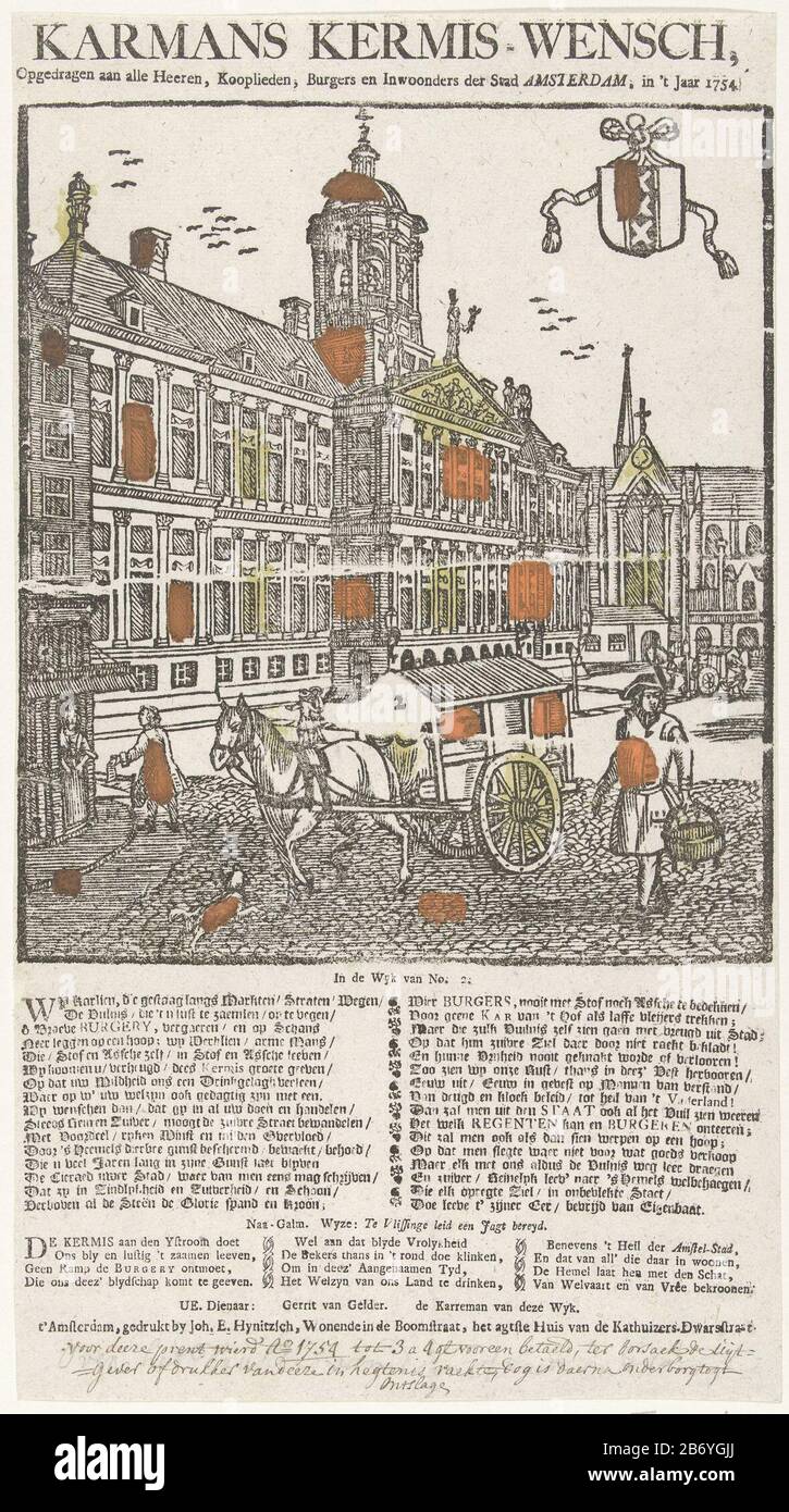 Kermisprent van de Amsterdamse karrenman voor het jaar 1754 Karmans Kermis-Wensch (titel op object) Fairground Post for Gerrit van Gelder the year 1754, the karrenman (askarrenman or garbage collector) in the district 2, dedicated to the citizens of Amsterdam. Horse with askar labeled 2 on the Dam for the City Hall. On the leaf below show a verse in two columns with a song in the reverberation in three columns. The verse refers to Daniel Raap and orangisten. Manufacturer : printmaker: anonymous printer Johannes Erasmus Hynitzsch (listed property) Place manufacture: printmaker: Northern Netherl Stock Photo