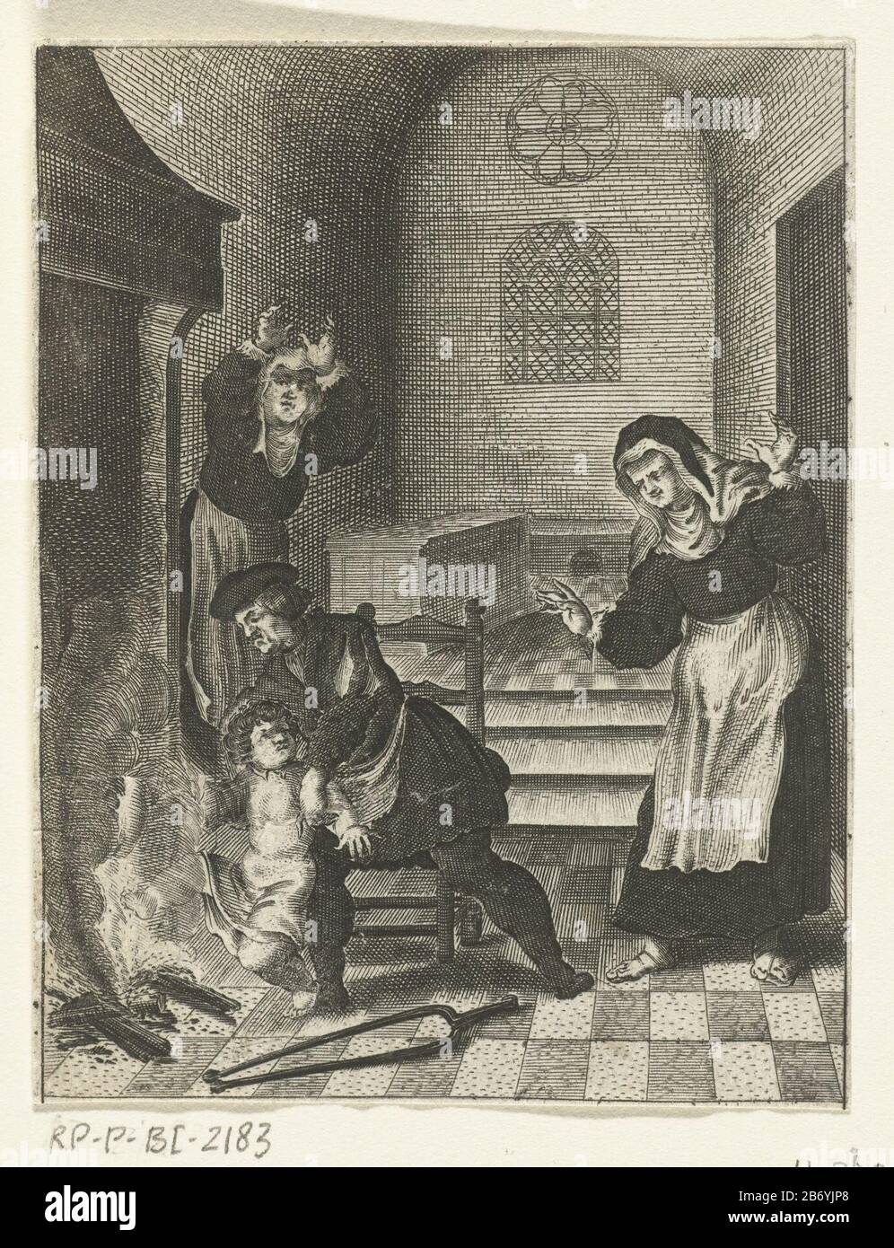 Kind valt van zijn vaders schoot in het vuur Child falls from his father's lap in the fire object type: picture book illustration Item number: RP-P-BI 2183Catalogusreferentie: Hollstein Dutch 369Opmerking: kopieFMH 220Opmerking: copy marking / Brands: collector's mark, verso lower left, stamped: Lugt 240 Manufacturer : to print from: Boëtius Adamsz. Bolswertprentmaker: anonymous design by Jacob Cornelisz. of Oostsanen Dating: 1639 - 1689 Physical characteristics: engra material: paper Technique: engra (printing process) Measurements: sheet: 103 mm × H b 79 mmToelichtingKopie to print by Boëtiu Stock Photo