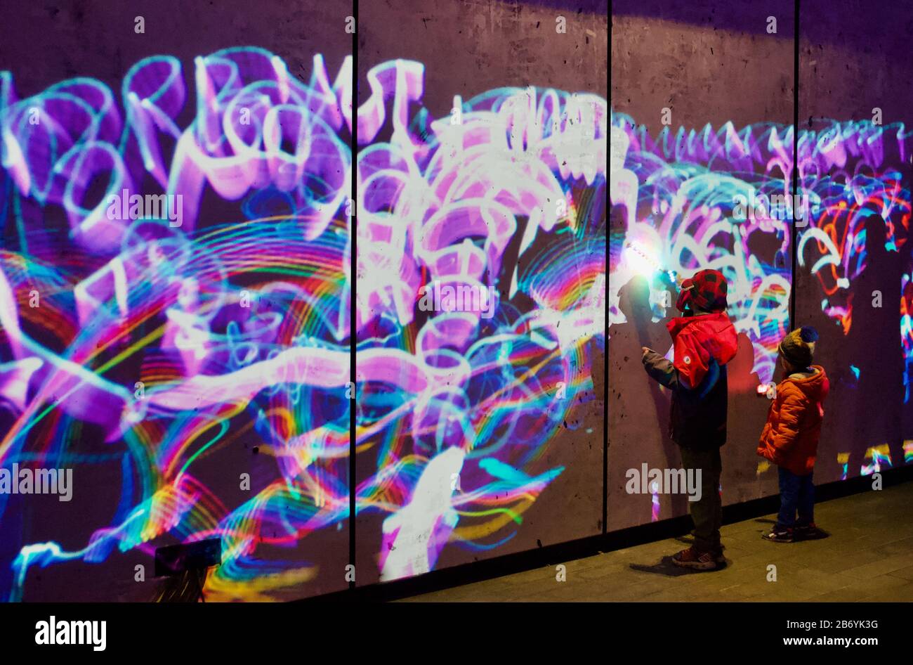 The Luma paint light graffiti exhibition at Winter Lights 2020 at Canary Wharf in London, UK Stock Photo