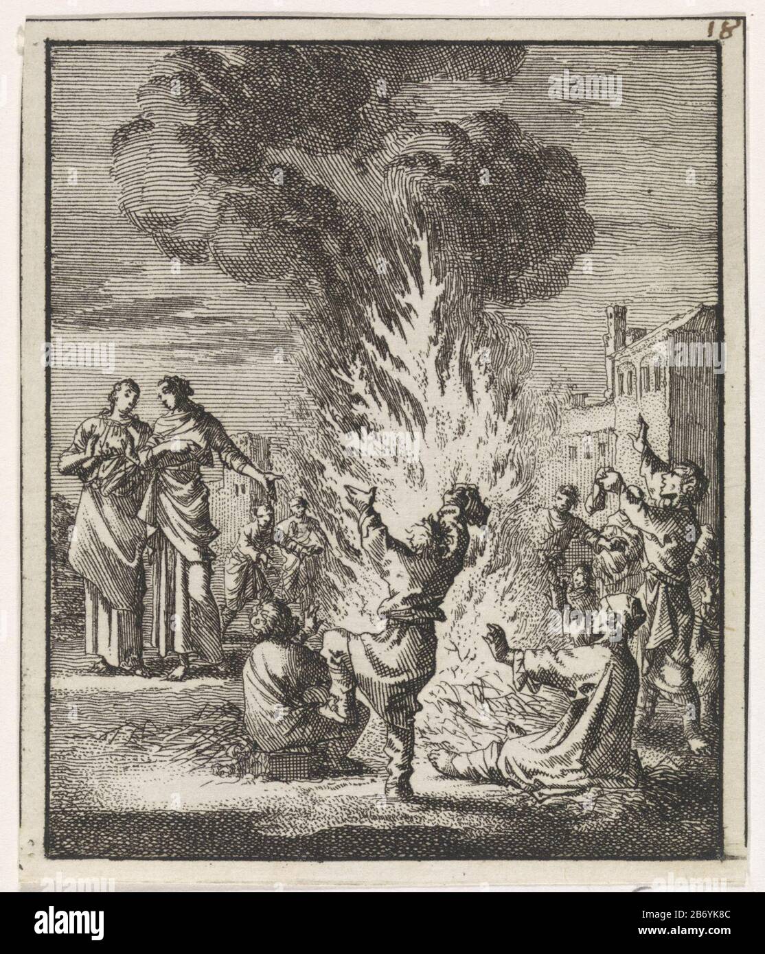 Kinderen dansend rond een opvlammend strovuur Children dancing around a blazing fire of straw object type: picture Item number: RP-P-OB-45.230Catalogusreferentie: Van Eeghen 3273 Inscriptions / Brands: collector's mark, verso, stamped: Lugt 2228nummer, recto, handwriting in brown ink: '18 Manufacture creator: printmaker Jan Luyken manufacture Place: Amsterdam Date: 1704 Physical features: etching; proofing material: paper Technique: etching dimensions: top: 93 mm × H 78 b mmToelichtingProefdruk of illustration of: Luyken, Jan. The zedelyke stichtelyke and chants. Amsterdam: Wed. Pieter Arentsz Stock Photo