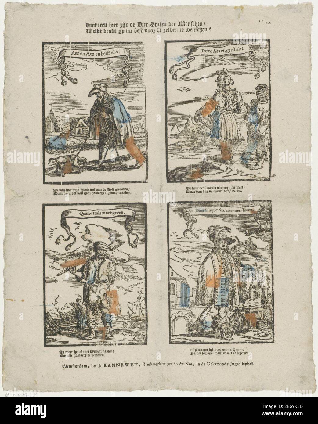 Kinderen hier zijn de vier staten der menschen Welke denkt gy nu best voor u zelven te wenschen (titel op object) Sheet with 4 representations of different modes: a bum, a soldier , a farmer and a gentleman. Under each image a two-line verse. Numbered right: ** 20. Manufacturer : publisher: John Kannewet (II) (referred to on object) print maker: anonymous location manufacture: Amsterdam Date: 1725 - 1780 Physical characteristics: wood block colored in blue, yellow and orange; text printing material: paper Technique: woodcut / printing / color Dimensions: sheet: H 390 mm × W 314 mm Subject: Soc Stock Photo