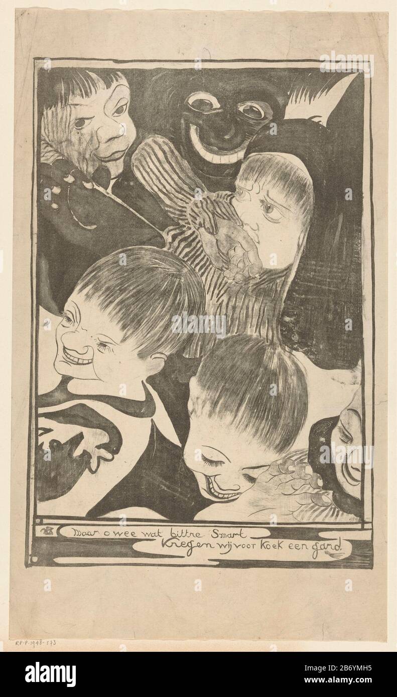 Kinderhoofden en grijnzend gezicht Five laughing and frightened-looking  children's heads. Top dark grinning face, possibly a mask or Black Peter.  Down the Santa Claus verse: \, image size:791x1390