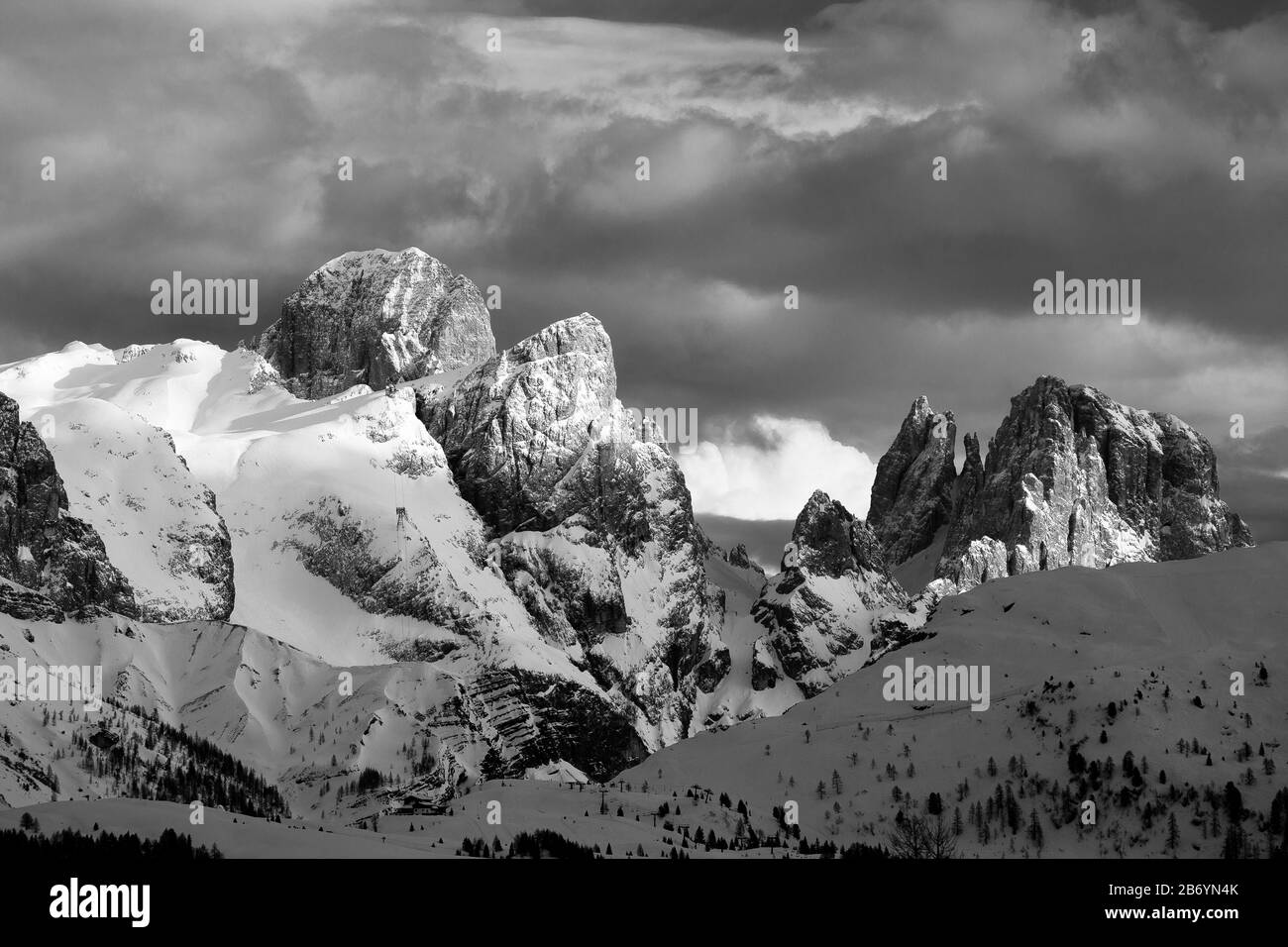 Sunlight on Cima Rosetta, Pala, Val di Roda mountains. The Trentino Dolomites in winter season. The Pale di San Martino mountain group. Italian Alps. Stock Photo