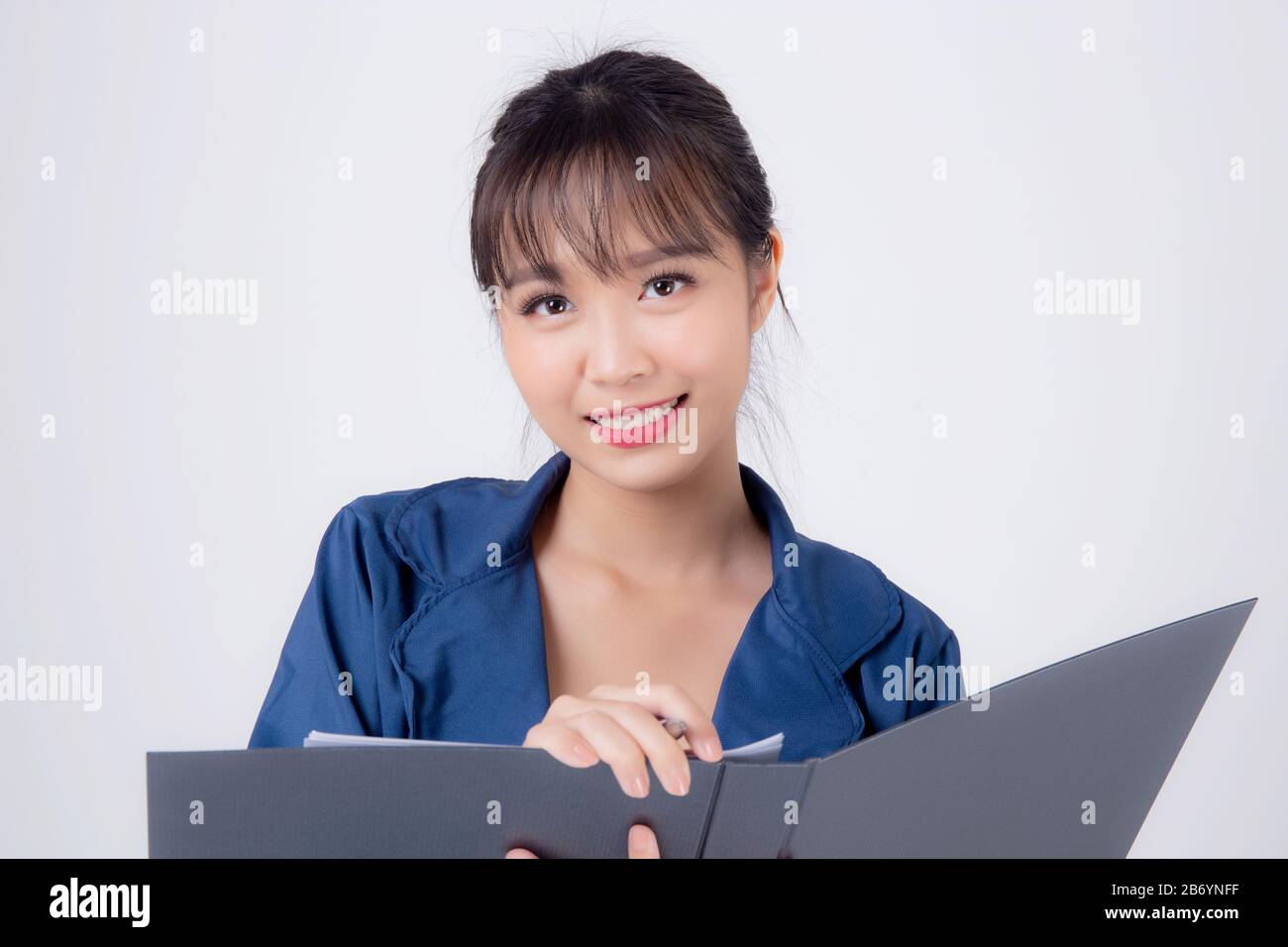 beautiful portrait young business asian woman cheerful standing holding ...