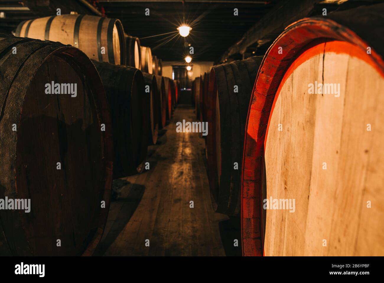 View at wine in wooden barrels stored for aging in the cellar Stock Photo