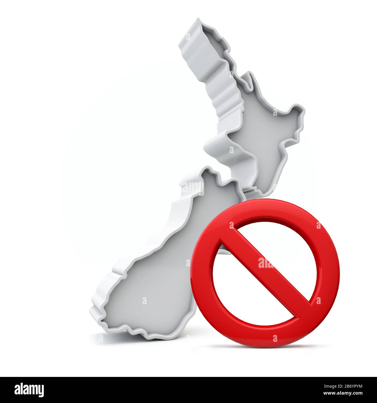 New Zealand map with red no entry warning sign. 3D Rendering Stock Photo