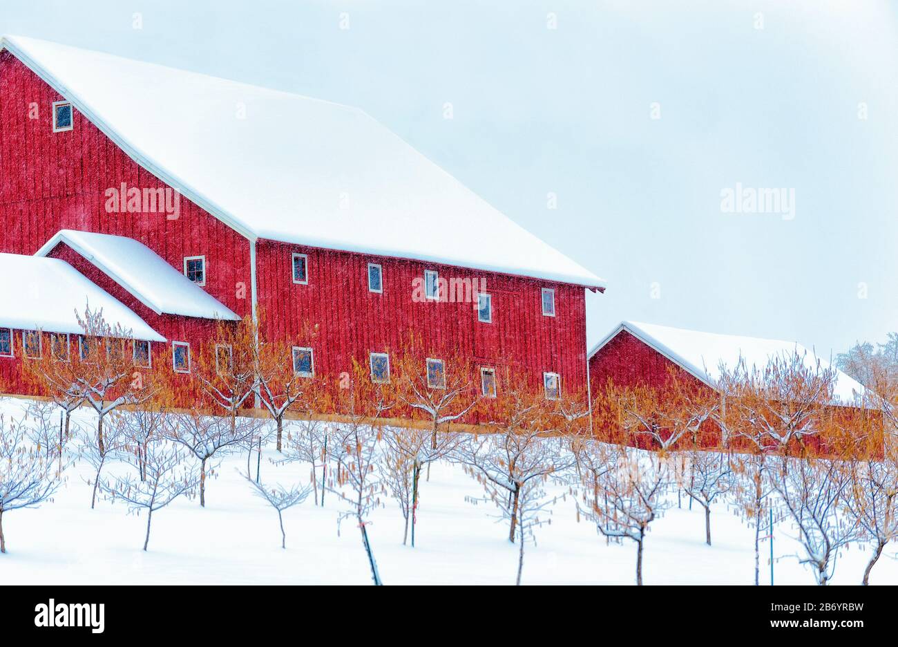 Agricultural setting with red barn and winter landscape Stock Photo - Alamy