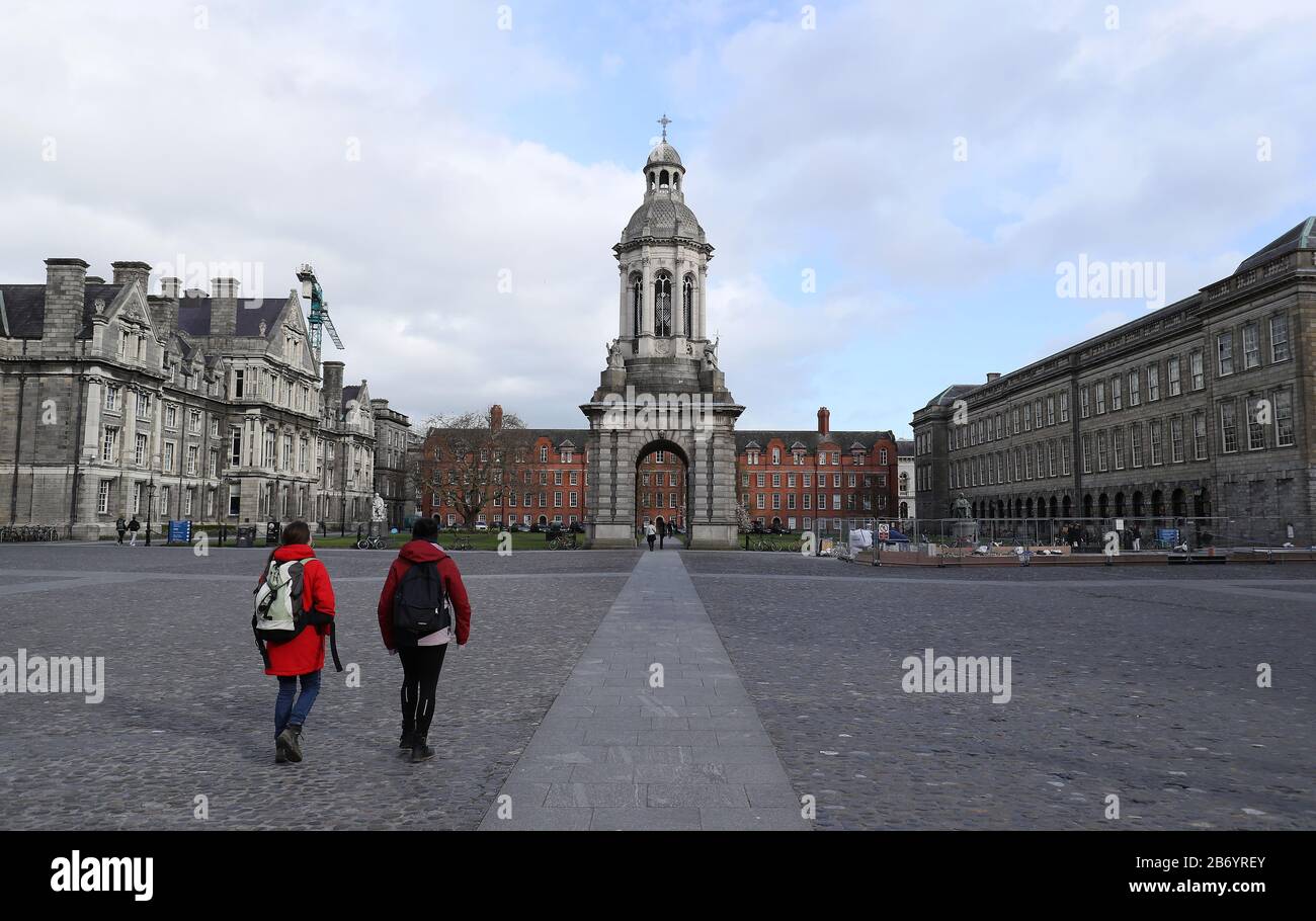 An almost empty front square in Trinity College Dublin as the closure
