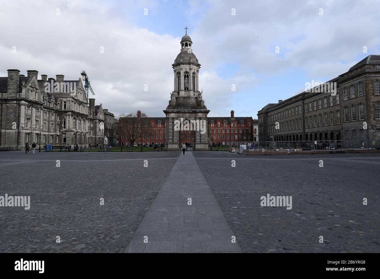 An almost empty front square in Trinity College Dublin as the closure