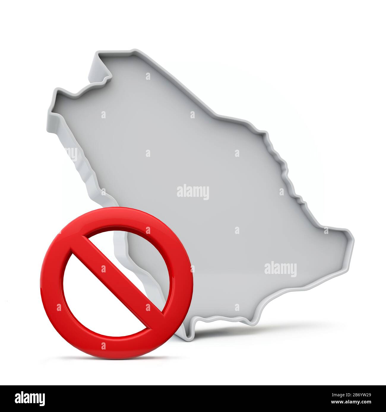 Saudi Arabia map with red no entry warning sign. 3D Rendering Stock