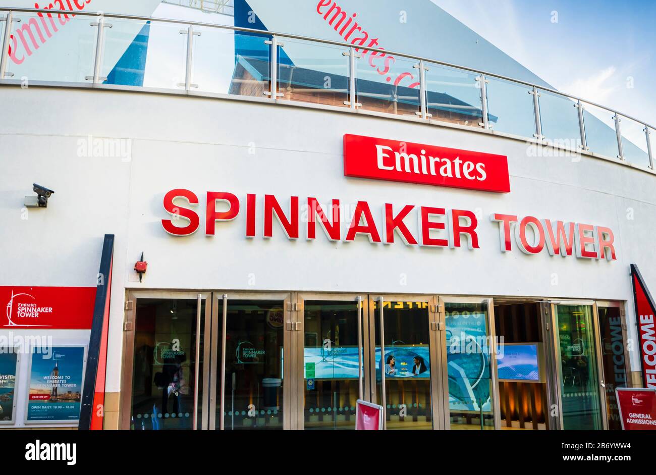 Base of the Emirates Spinnaker Tower, a landmark observation tower on the coast at Gunwharf Quays shopping centre, Portsmouth Harbour, Hants, UK Stock Photo