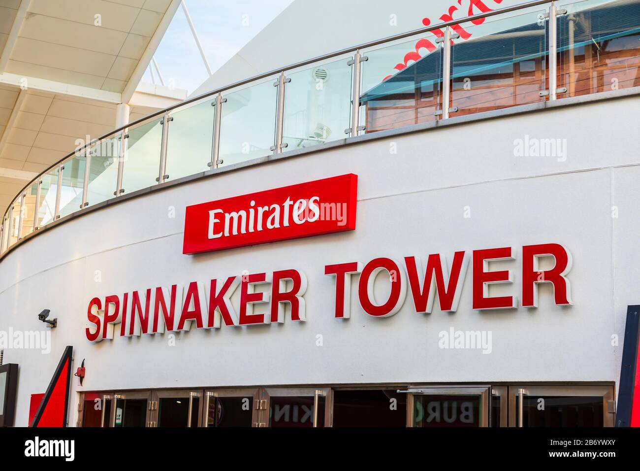 Base of the Emirates Spinnaker Tower, a landmark observation tower on the coast at Gunwharf Quays shopping centre, Portsmouth Harbour, Hants, UK Stock Photo