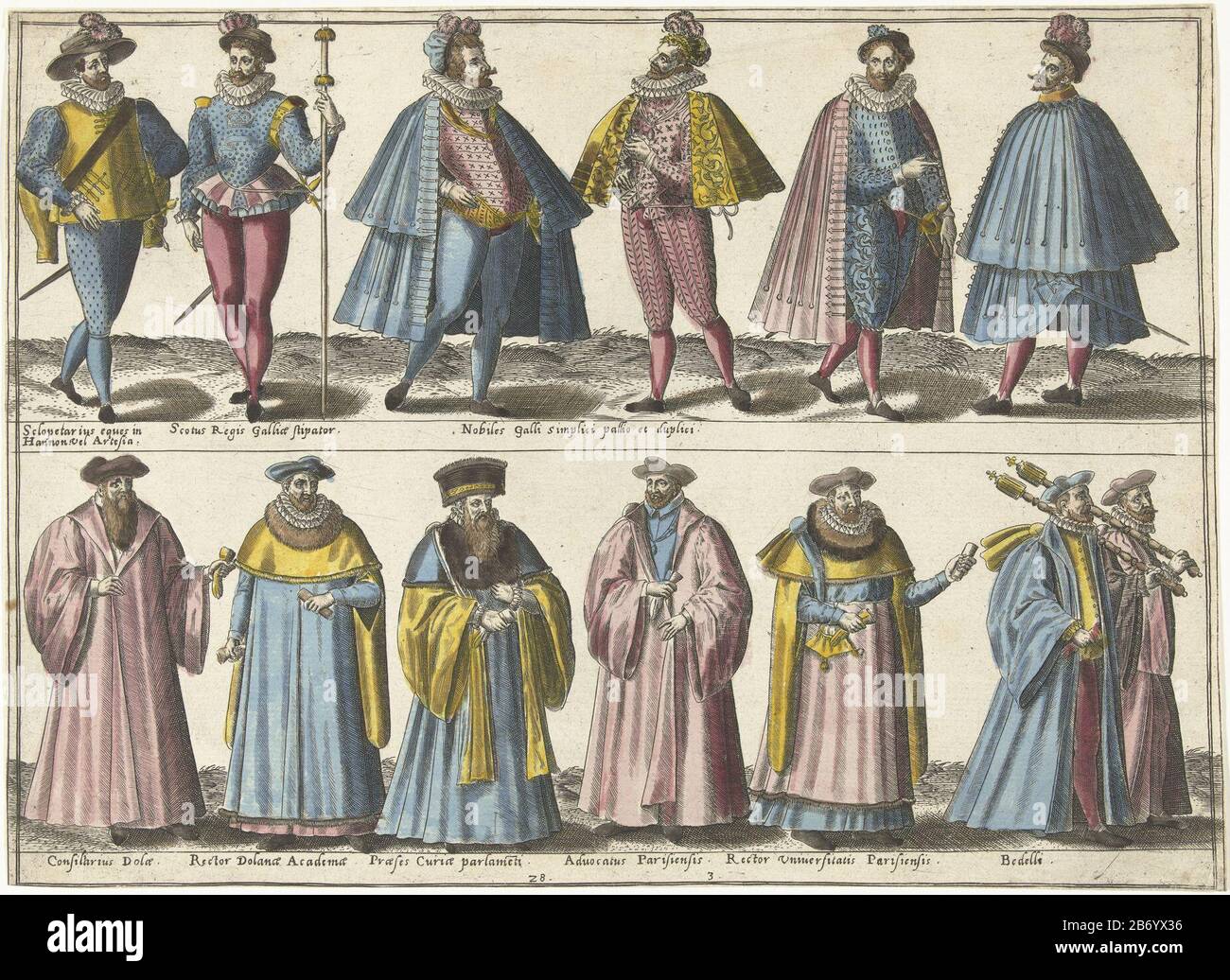 Kleding van verschillende standen volgens de Franse mode rond 1580 Print  out of a book on clothing around 1580. In two rows one above the other  imaged apparel. In the top row