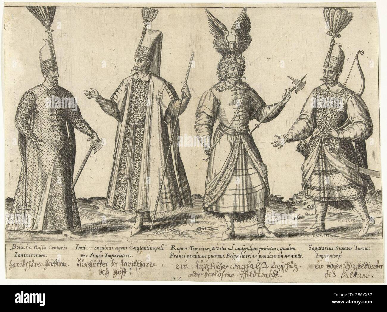 Kleding van Ottomaanse soldaten rond 1580 Traditionele kleding van over de  hele wereld rond 1580 (serietitel) Print out a book about sixteenth century  clothing around 1580. Four soldiers from the Ottoman army.
