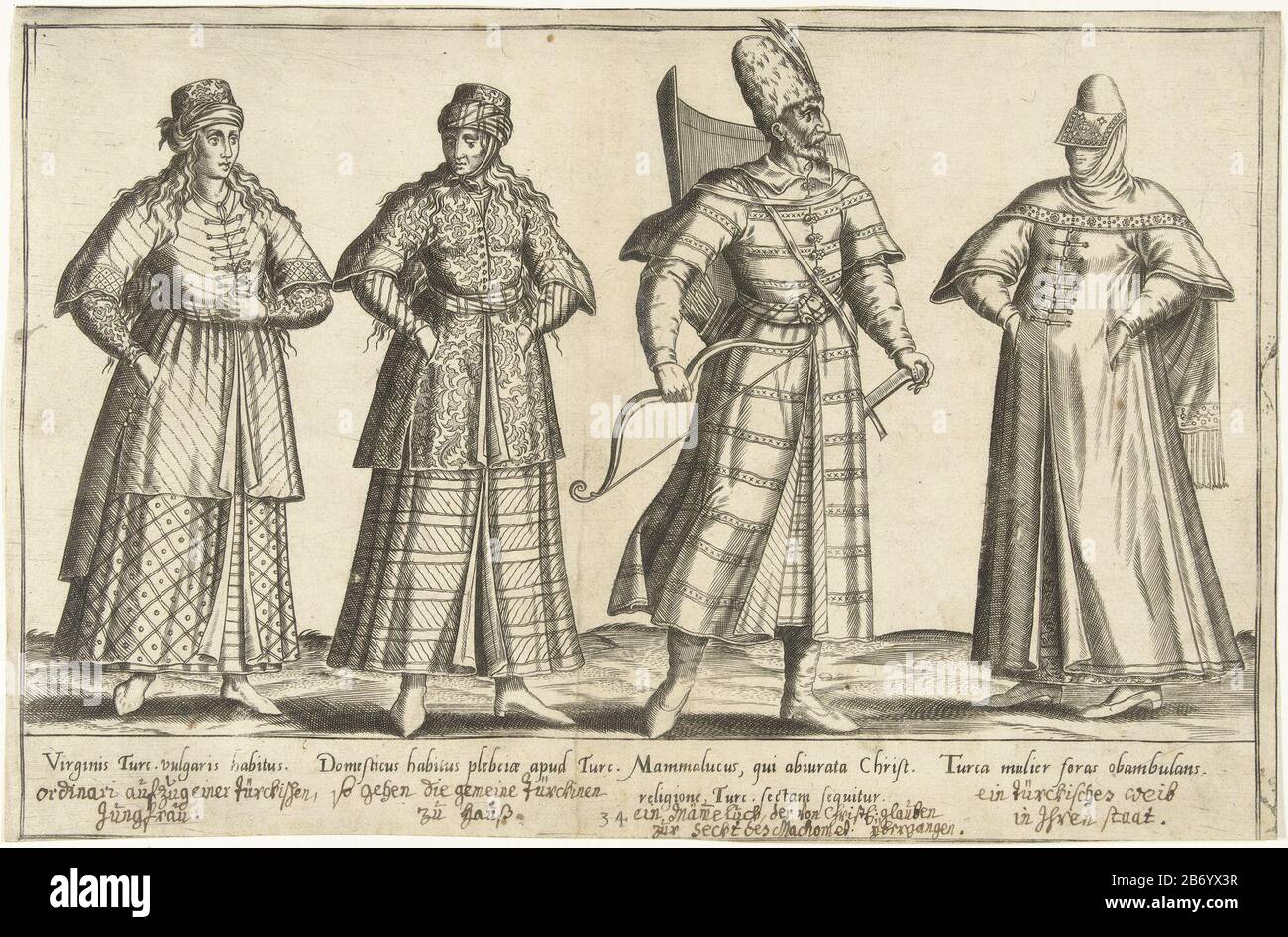 Kleding van Ottomanen rond 1580 Traditionele kleding van over de hele  wereld rond 1580 (serietitel) Print out a book about sixteenth century  clothing around 1580. Three women and a man of Ottoman