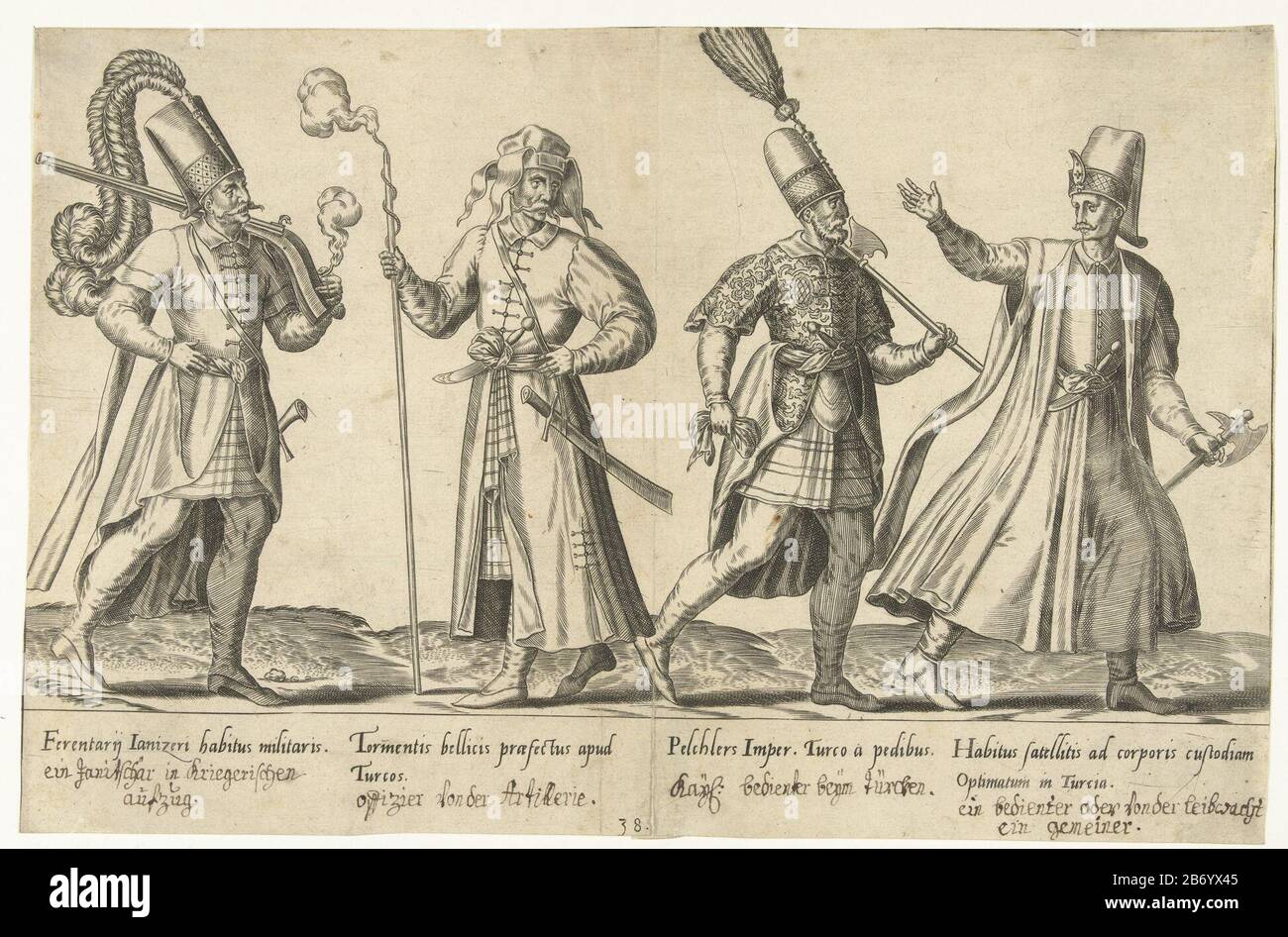 Op grote schaal strijd Dierbare Kleding van Ottomaanse soldaten rond 1580 Traditionele kleding van over de  hele wereld rond 1580 (serietitel) Print out a book on sixteenth-century  clothing around 1580. Four soldiers from the Ottoman army. All