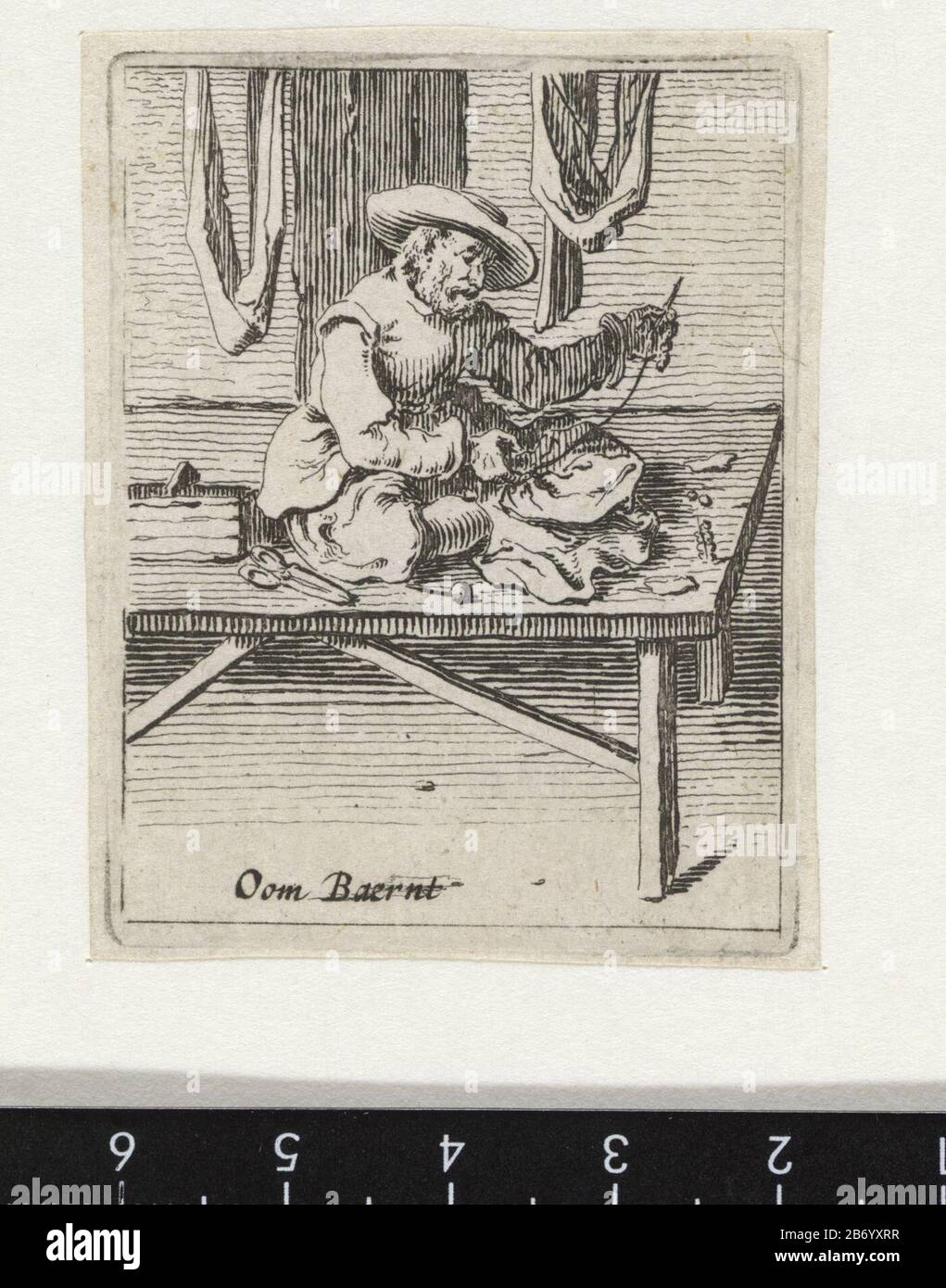 Kleermaker Oom Baernt (titel op object) Genretaferelen (serietitel) a tailor (Uncle Baernt) sitting on a table to sew clothes. Behind him hanging pieces of cloth. The print is a part of a series of 32 pictures with genretaferelen. Manufacturer : print maker: Gillis of Scheyndel (I) (shown on object) publisher: Salomon SaveryPlaats manufacture: print maker: The Netherlands Publisher: Amsterdam Date: 1638 Physical characteristics: etching material: paper Technique: etching dimensions : plate edge: h 54 mm × 44 b mm Subject: tailor, dress maker Stock Photo
