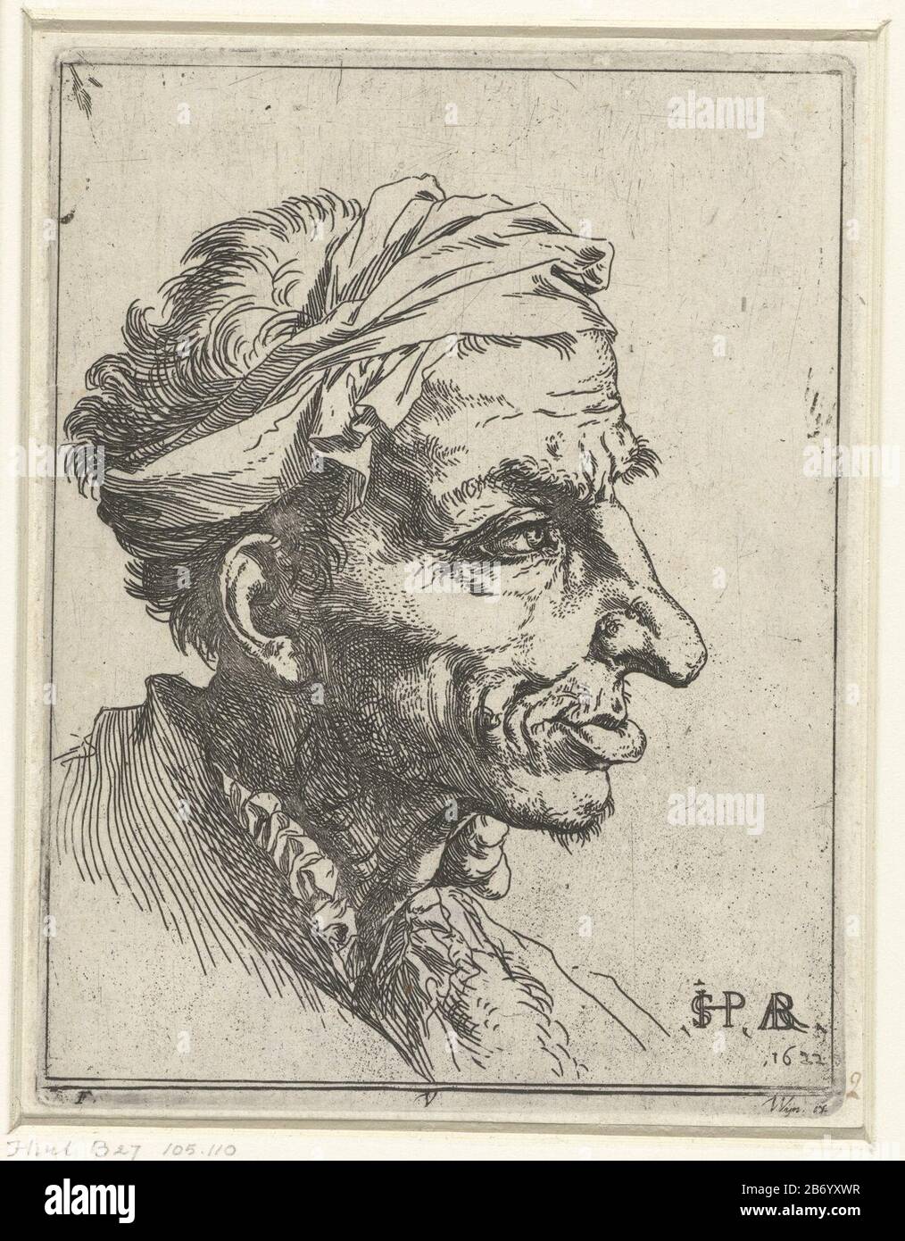 Klein grotesk hoofd head of an old man with a band around his head, in profile. In his neck a gezwel. Manufacturer : printmaker: Jusepe de Ribera (listed building) Publisher: Frans van den Wijngaerde (listed property) Place manufacture: printmaker: Naples Publisher: Netherlands Date: 1622 Physical features: etching material: paper Technique: etching Dimensions: plate edge: h 146 mm × W 112 mm Subject: disabilities, deformationsdiseases Affecting parts of the body, and Stock Photo