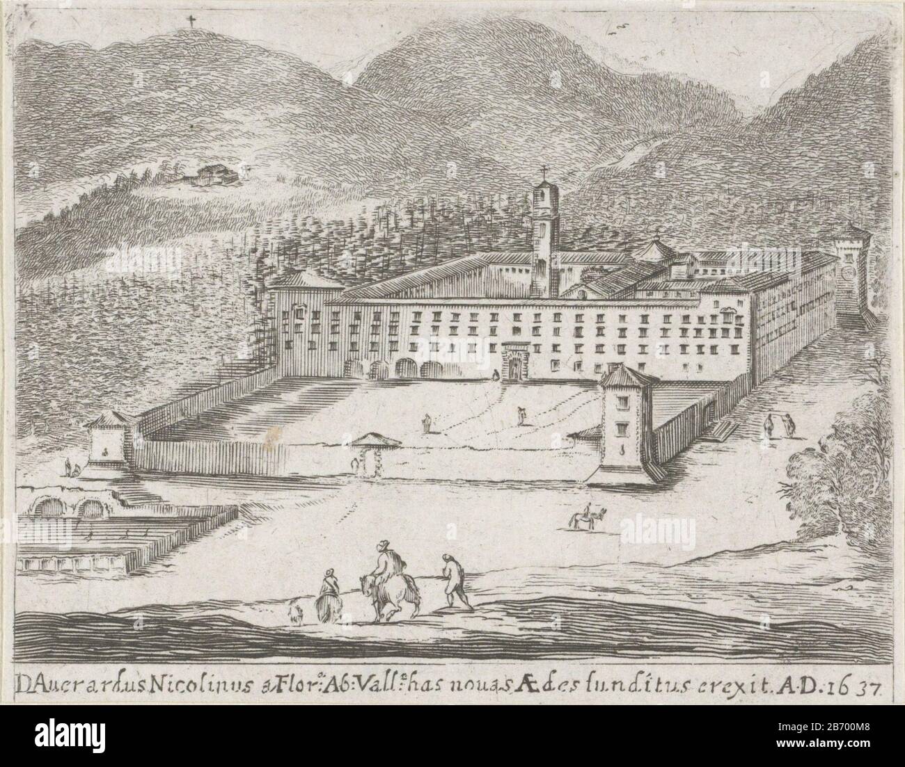 Klooster van Vallombrosa Leven van de heilige Johannes Gualbertus (serietitel) View of the monastery Vallombrosa (Abbazia di Vallombrosa) in the seventeenth century. The monastery was founded by Saint John Gualbert in 1038. Manufacturer : printmaker: Stefano della Bella Dated: 1637 Physical features: etching material: paper Technique: etching Dimensions: sheet: H 103 mm (Inner cut plate edge.) × W 131 mm (Inner cut sheet edge. ) Comments Print out a series of five prints on the life of St. John Gualbertus. Subject: cloisters  monastery Stock Photo