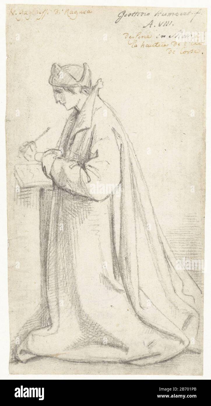 Knielende, schrijvende man Kneeling, writing man Object Type : drawing Object number: RP-T-1920-58 Manufacturer :  draftsman: David Pièrre Giottino Humbert the Super Ville Date: 1780 - 1849 Physical characteristics: pencil material: paper pencil Dimensions: h 143 mm × b 77 mm Subject : handwriting, writing and Stock Photo