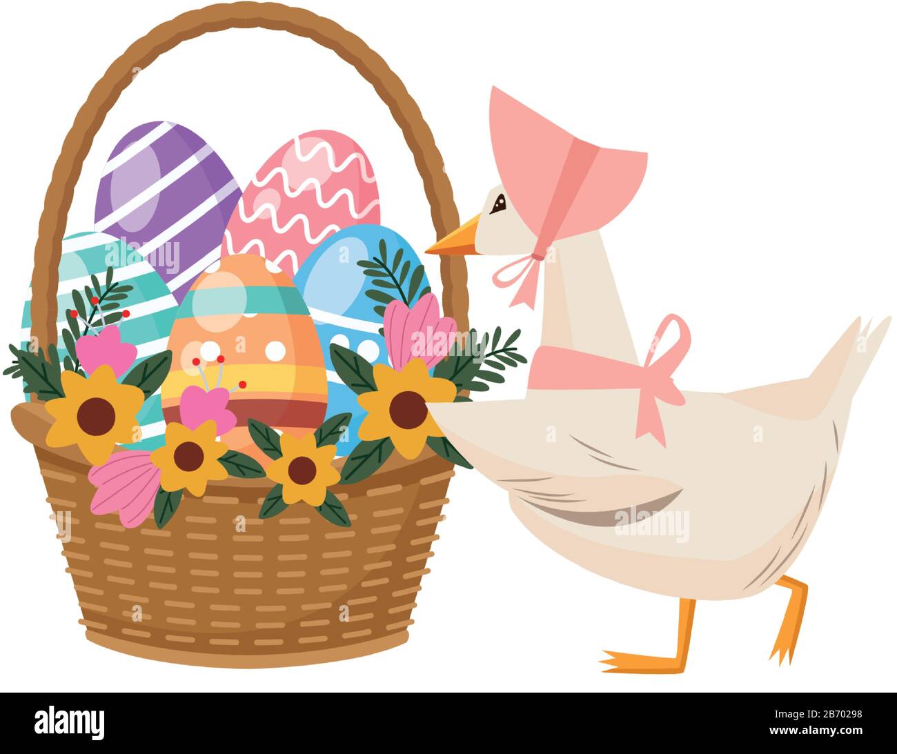 mom duck with eggs painted in basket and flowers Stock Vector