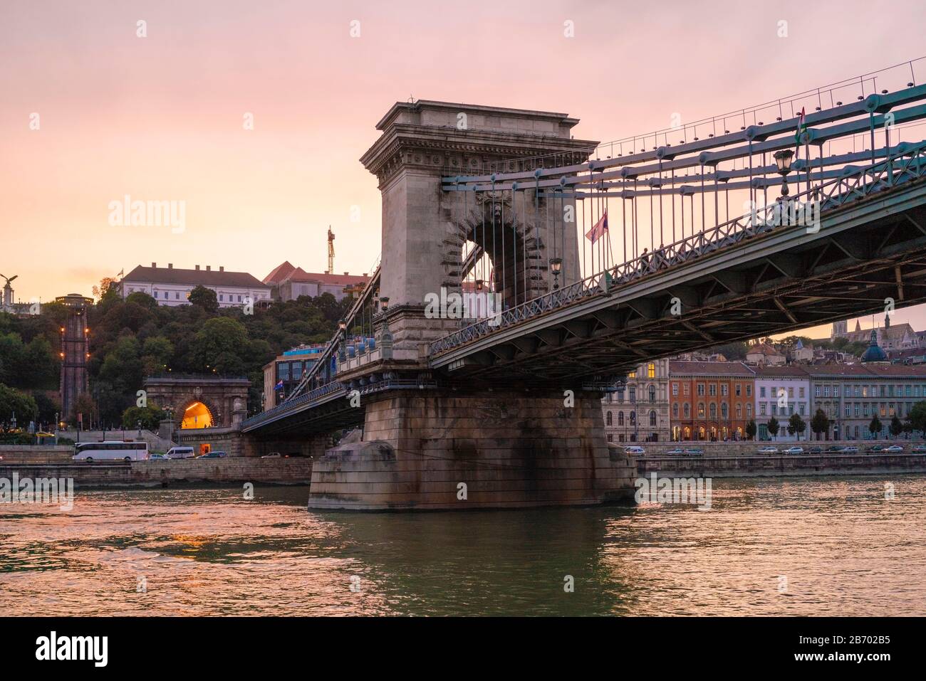 Szechenyi Chain Bridge at sunset with Buda Castle District Stock Photo