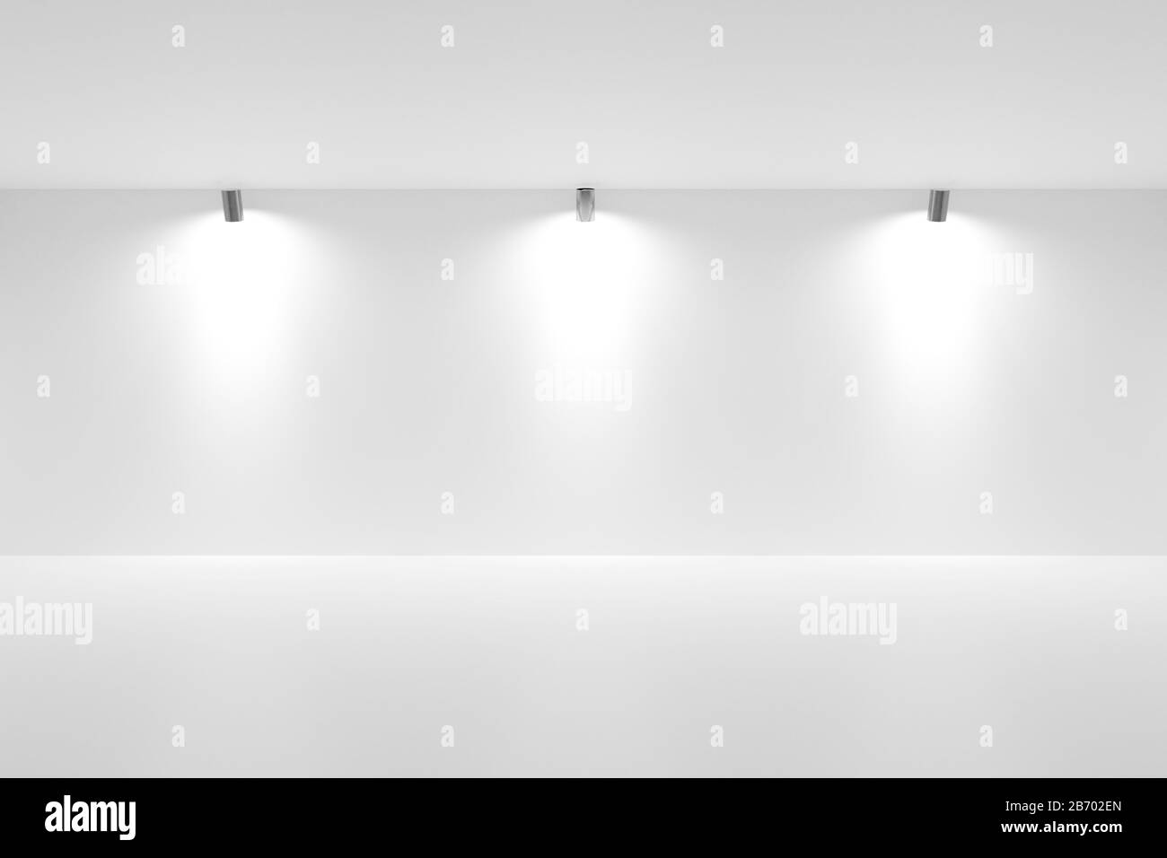 Empty white room with spotlights on the back wall - gallery, product or modern interior template, 3D illustration Stock Photo