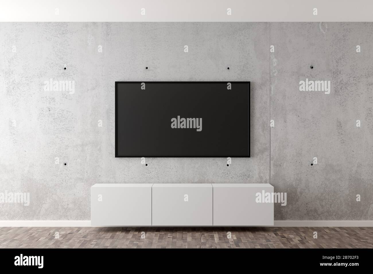 Flat smart tv panel on concrete wall with floating white sideboard and brown wooden floor - entertainment, media or home television set mock up templa Stock Photo