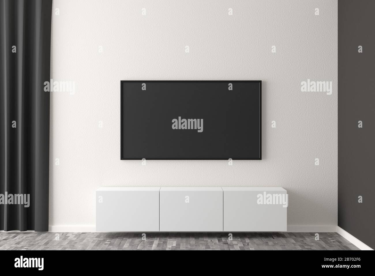 Flat smart tv panel on white wall with floating white sideboard and brown wooden floor - entertainment, media or home television set mock up template Stock Photo