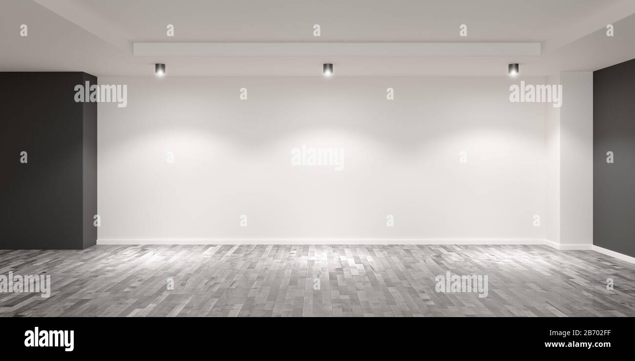 Empty white room with wooden floor and grey colored accent walls with spotlights on the back wall - gallery, product or modern interior template, 3D i Stock Photo