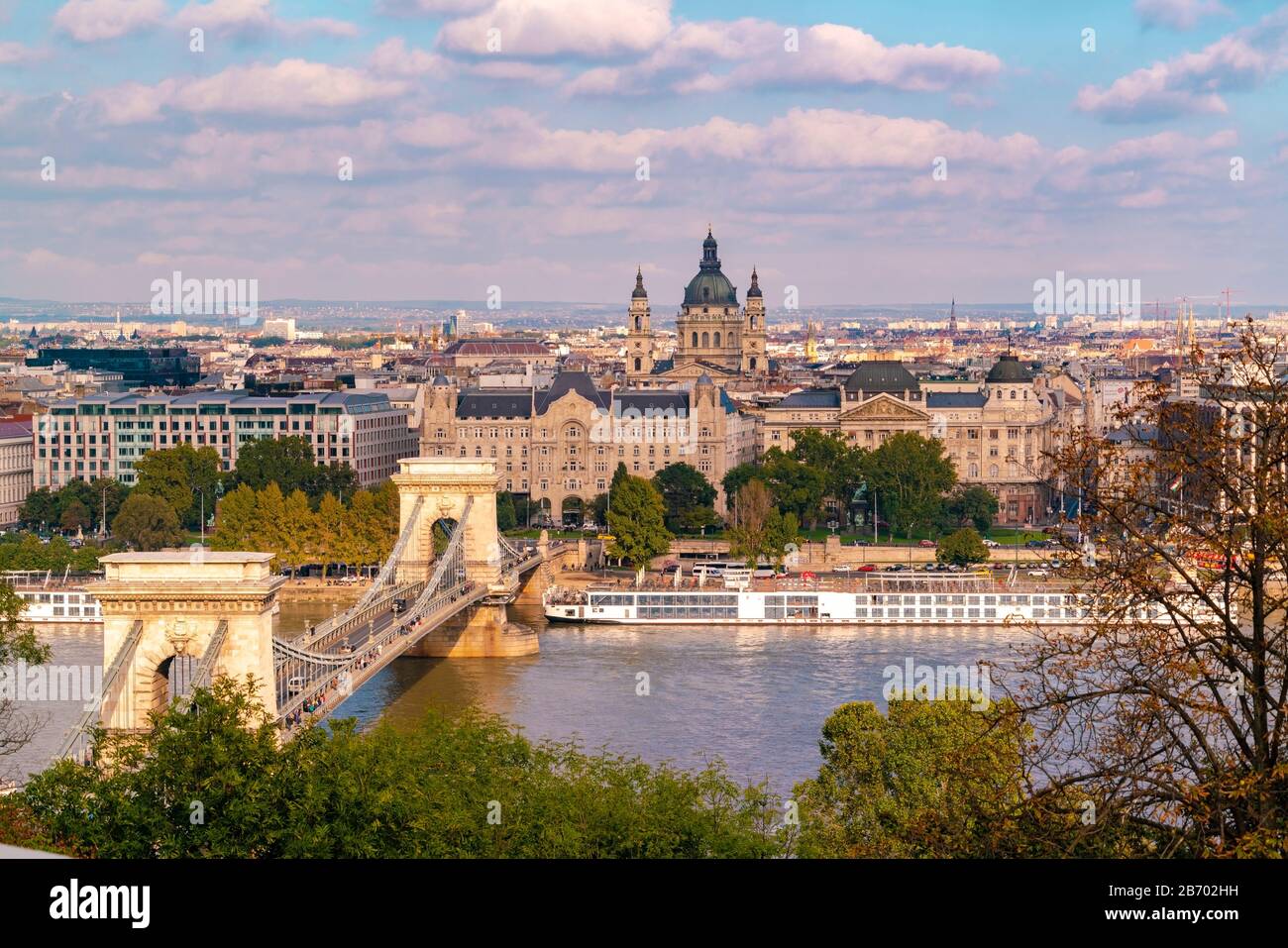 The Chain Bridge, Danube River, four seasons and st stephans basilica Stock Photo