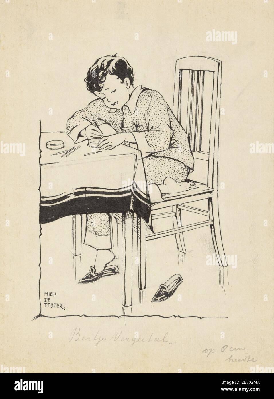 knutselende jongen aan een tafel a boy sits in his pajamas with a cloth covered table tinkering he has a stick or writing in hand manufacturer artist miep the feijter personally signed date ca 1928 ca 1941 physical features pen and brush in indian ink and pencil material paper indian ink pencil technique pen brush dimensions h 246 mm w 183 mm subject boy child between toddler and youth table childrens games and play 2B702MA