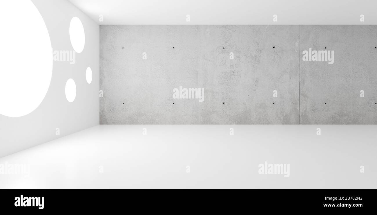 Abstract empty, concrete backwall room with round windows - industrial, modern interior background template, 3D illustration Stock Photo