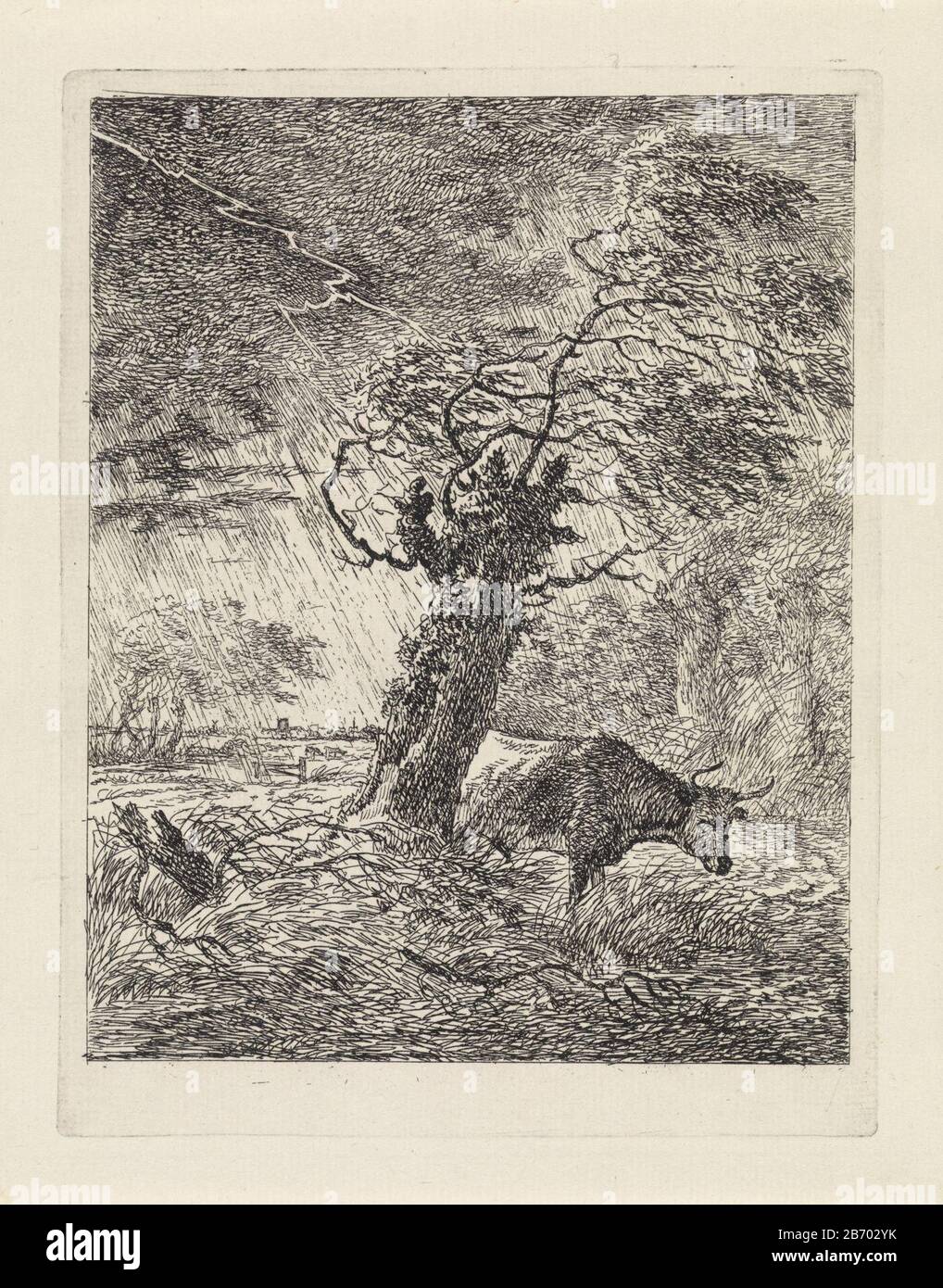 Koe bij een knotwilg Landschappen (serie B) (serietitel) In a landscape is a cow on a willow. The lightning, rain and waait. Manufacturer : printmaker: Gerard van Nijmegen Place manufacture: Rotterdam Date: 1790 Physical features: etching; proofing material: paper Technique: etching dimensions: plate edge: H 200 mm × W 153 mm Subject: lightning, flash of lightning, thunderboltregencowtrees: willow Stock Photo