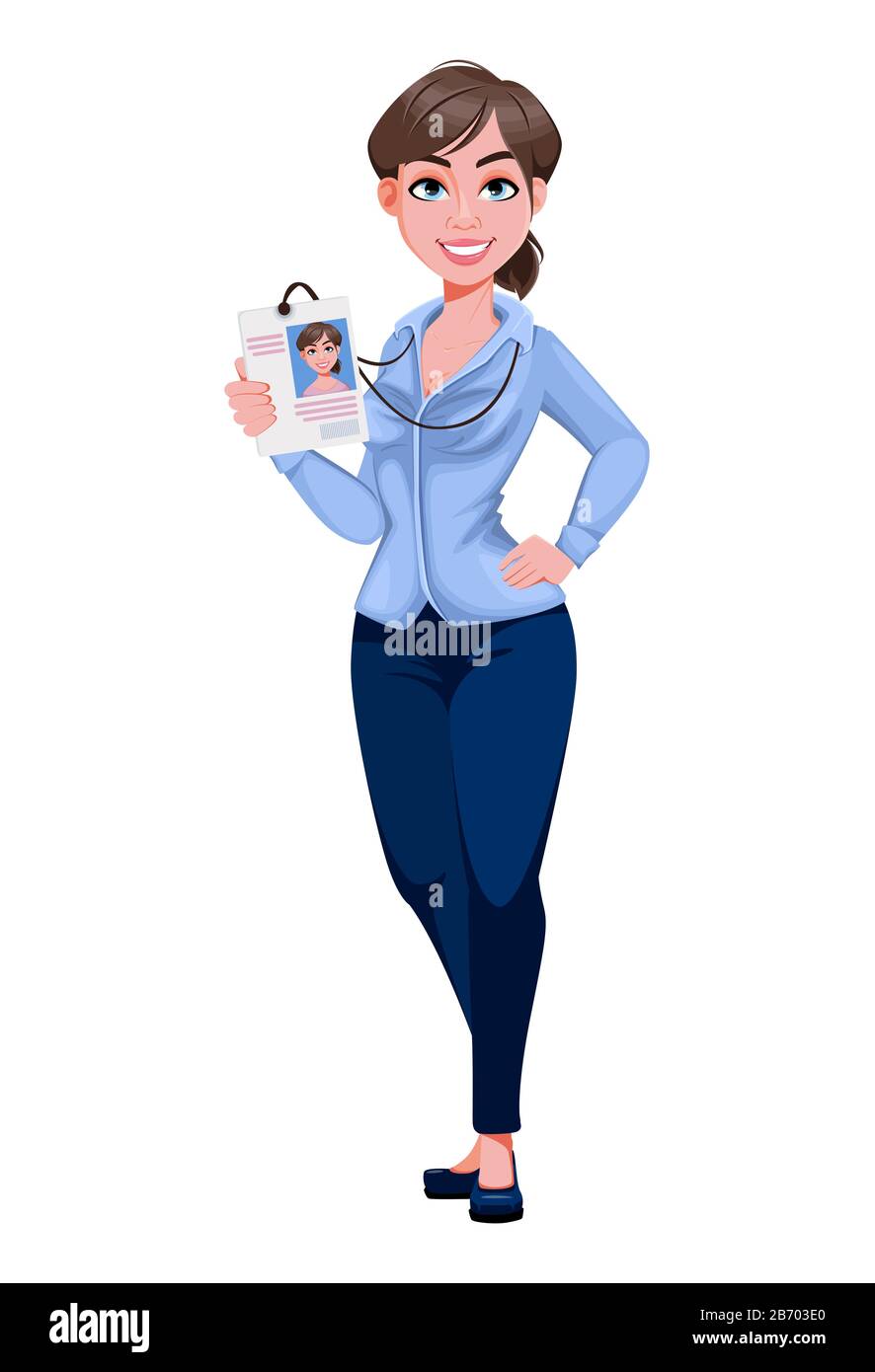 Young beautiful business woman cartoon character holds badge. Pretty ...