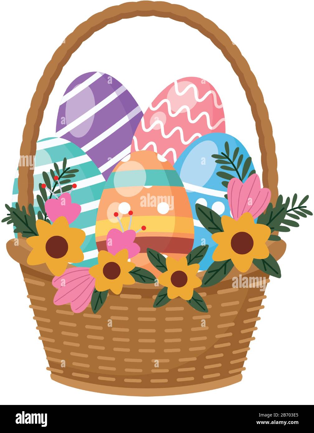 eggs painted in basket with flowers easter decoration Stock Vector