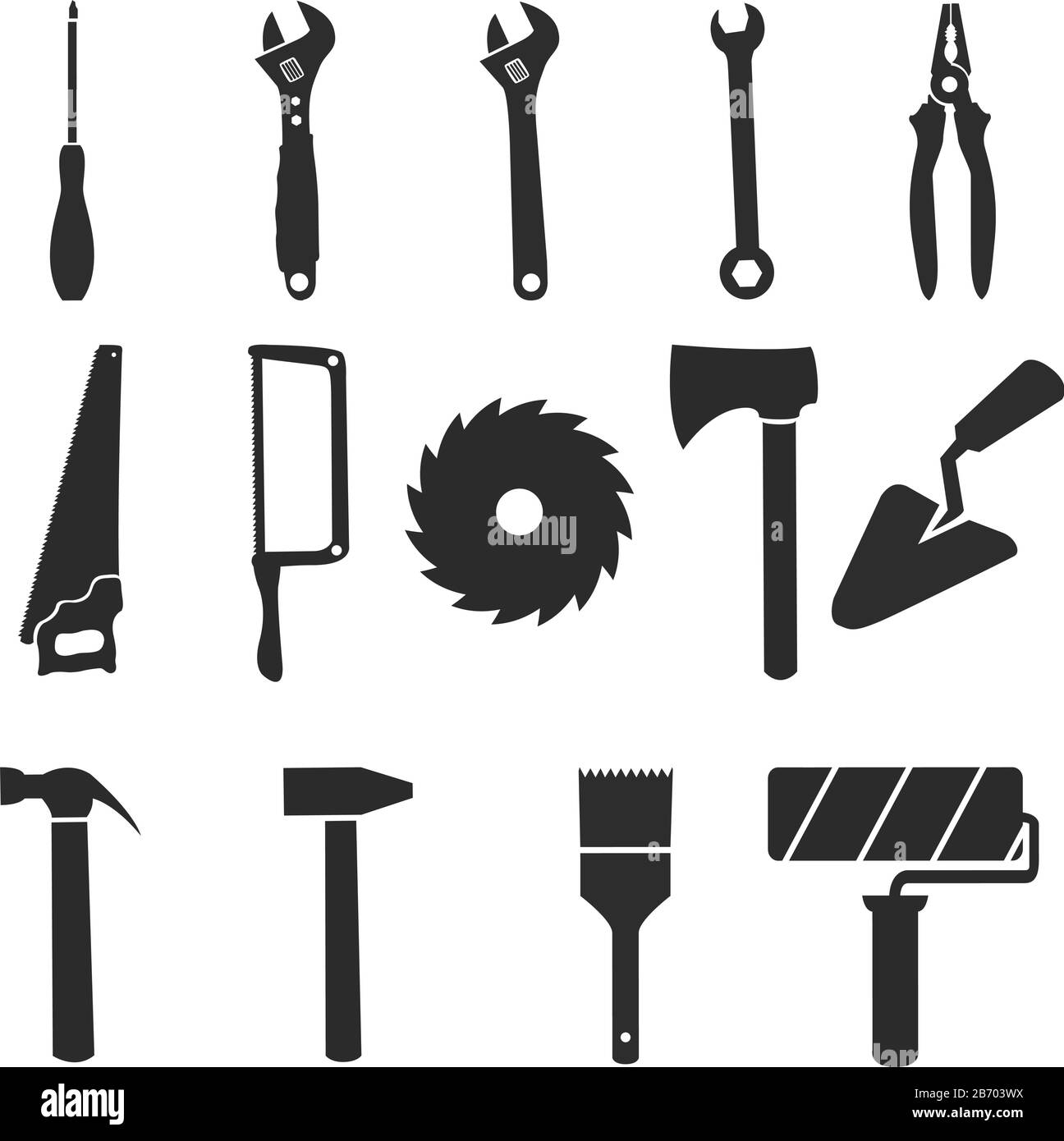 Icon set of a variety of tools used on masonry, carpentry, plumbing, etc, elements isolated, ready for die cutting machine Stock Vector