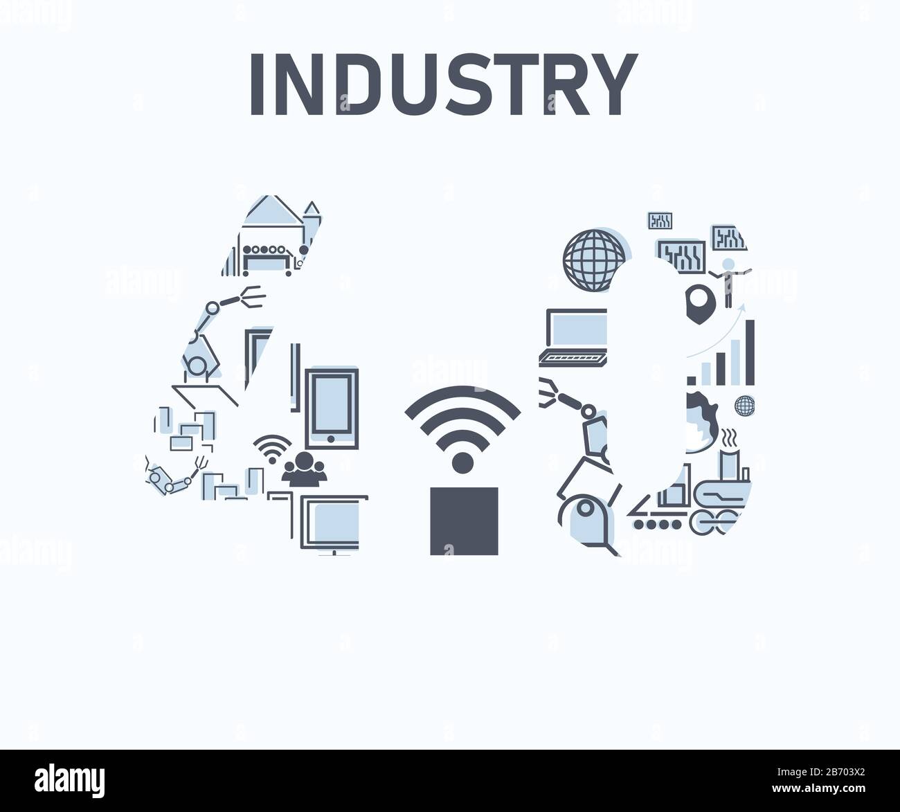 technology Industry 4.0 icon industrial of steam power, manufactory, automation robot management and Wireless communication factory in a flat style co Stock Vector
