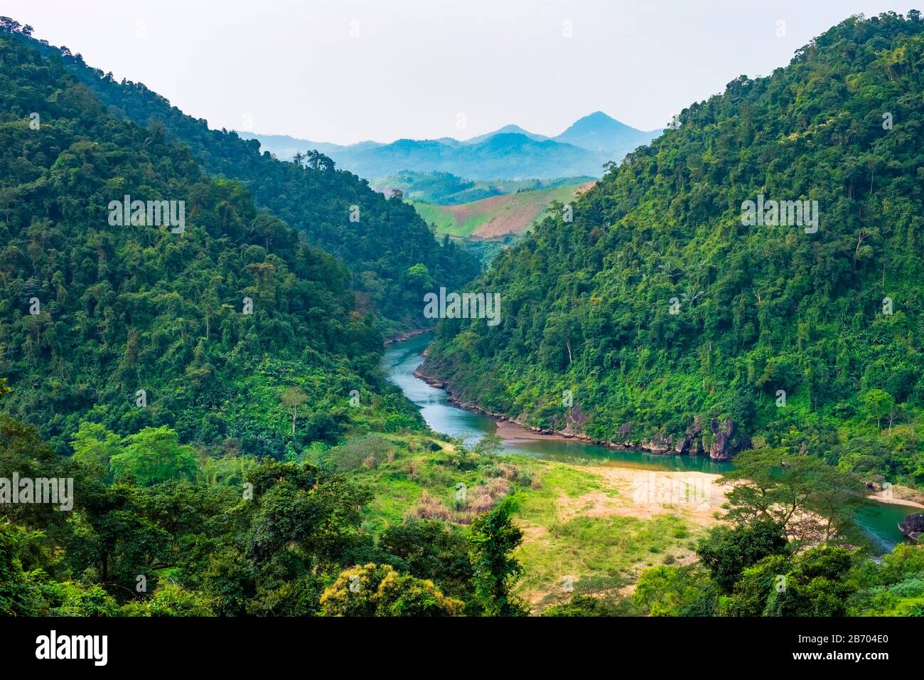 Mountainous landscape along Ho Chi Minh Highway West near Khe Sanh, Da Krong District, Quang Tri Province, Vietnam Stock Photo