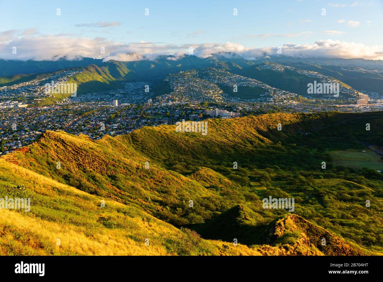 view from top of the Diamond Head crater over the outskirts of Honolulu