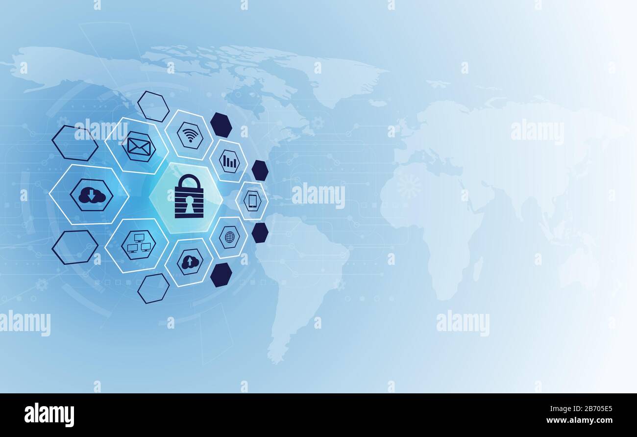 Abstract technology world cyber security privacy icon information network concept padlock protection digital network internet link on hi tech blue fut Stock Vector
